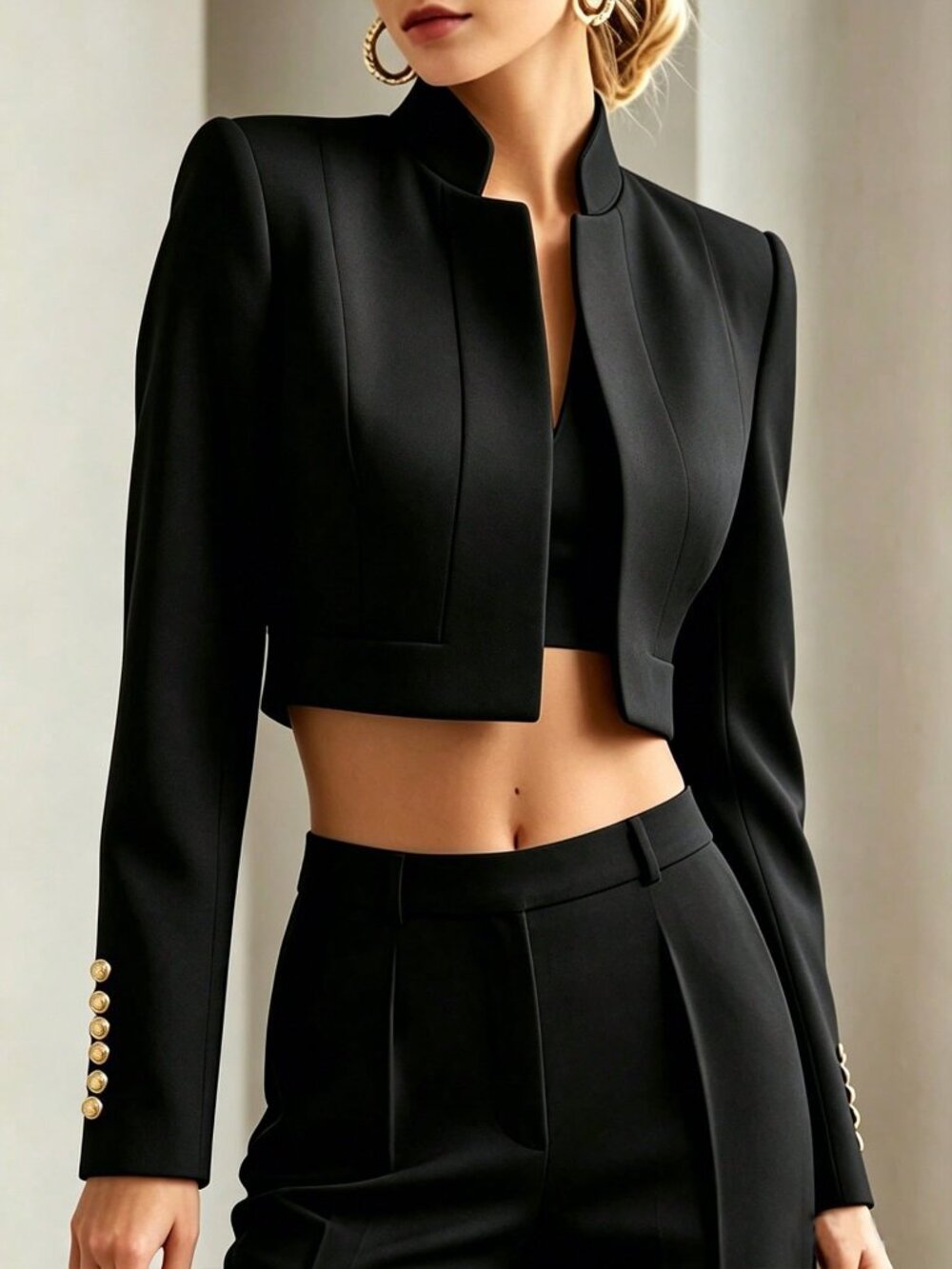 Black Casual Women's Elegant Minimalist Formal Cropped Stand Collar Jacket